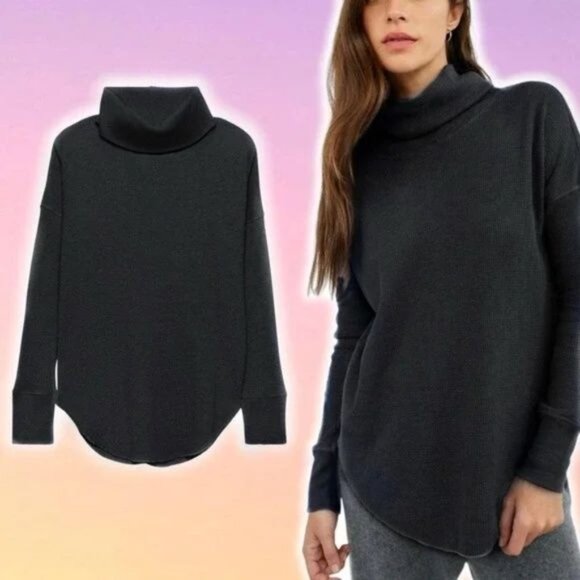 Aritzia The Group Babaton Thermal Cowl Neck Waffle Knit Long Sleeve Top Black Lg - Picture 1 of 12